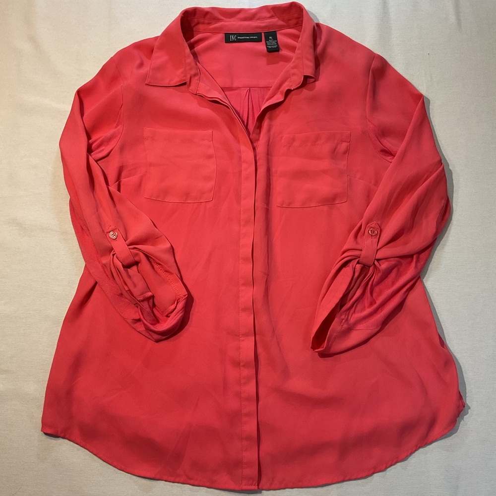 I.N.C. Blouse XL Coral/Red long Sleeve Pullover light Fabric Chest Pockets